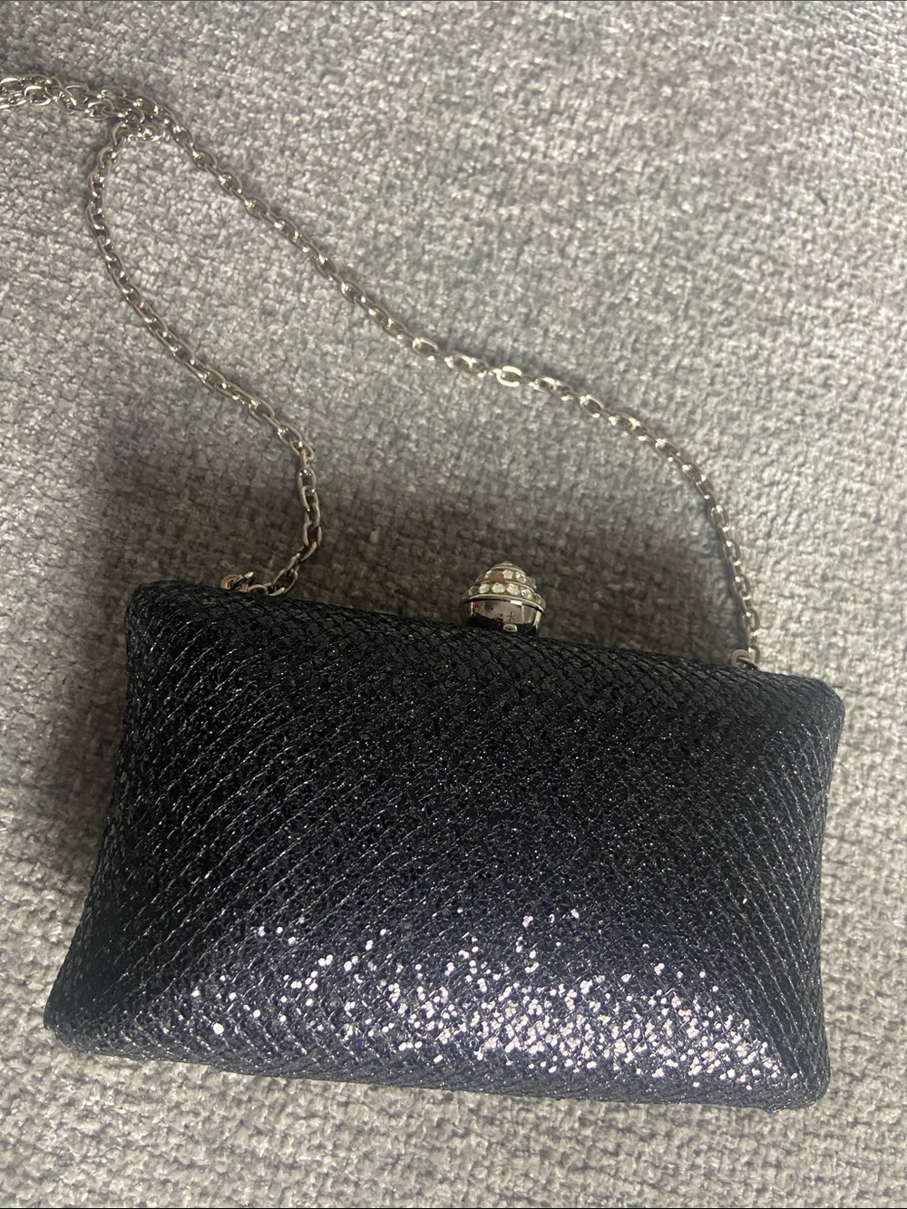 Black Glitter Evening Clutch with Silver Chain